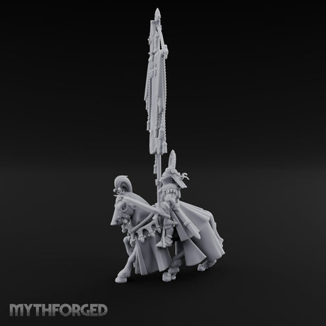 Fleur-de-Lis Tasselled Banner Aloft Human Standard Bearer on Horseback Miniature for Dungeons and Dragons, Pathfinder or other TTRPGs