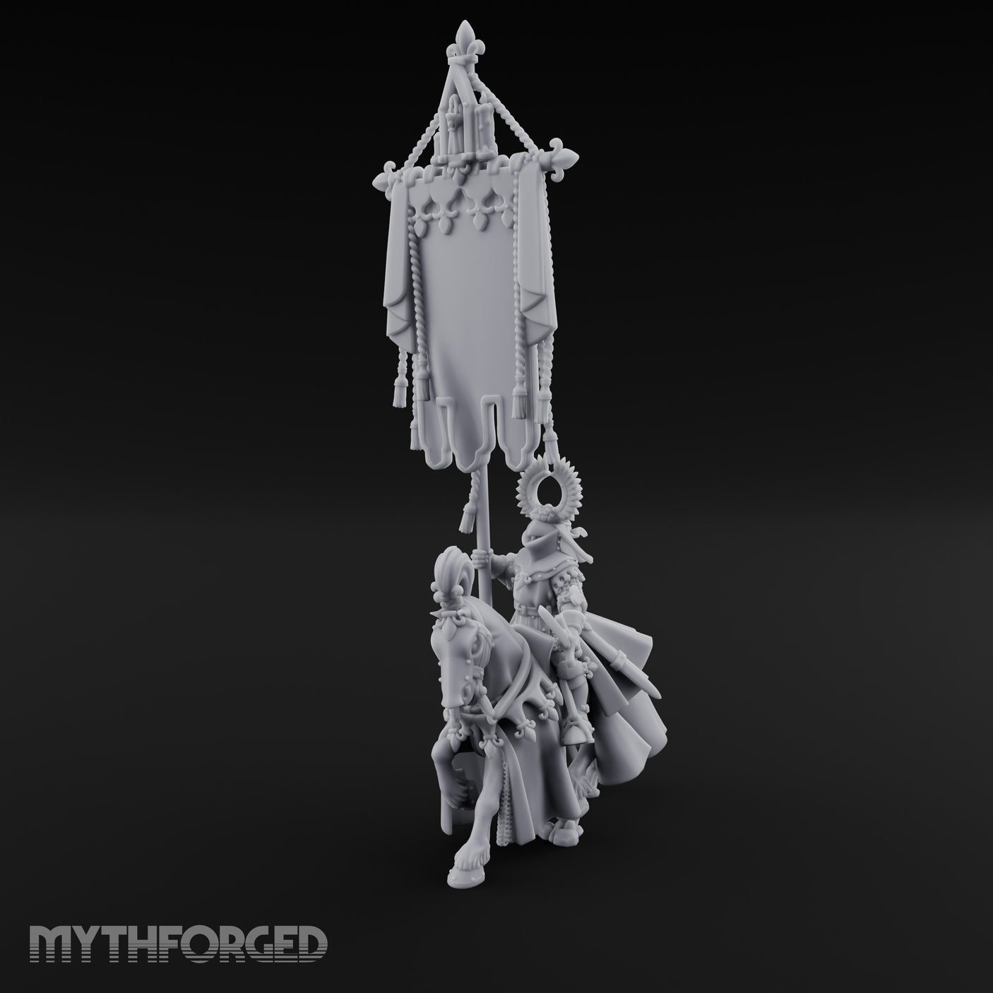Fleur-de-Lis Tasselled Banner Aloft Human Standard Bearer on Horseback Miniature for Dungeons and Dragons, Pathfinder or other TTRPGs