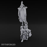Fleur-de-Lis Tasselled Banner Aloft Human Standard Bearer on Horseback Miniature for Dungeons and Dragons, Pathfinder or other TTRPGs