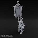 Fleur-de-Lis Tasselled Banner Aloft Human Standard Bearer on Horseback Miniature for Dungeons and Dragons, Pathfinder or other TTRPGs