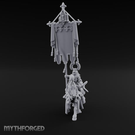 Fleur-de-Lis Tasselled Banner Aloft Human Standard Bearer on Horseback Miniature for Dungeons and Dragons, Pathfinder or other TTRPGs