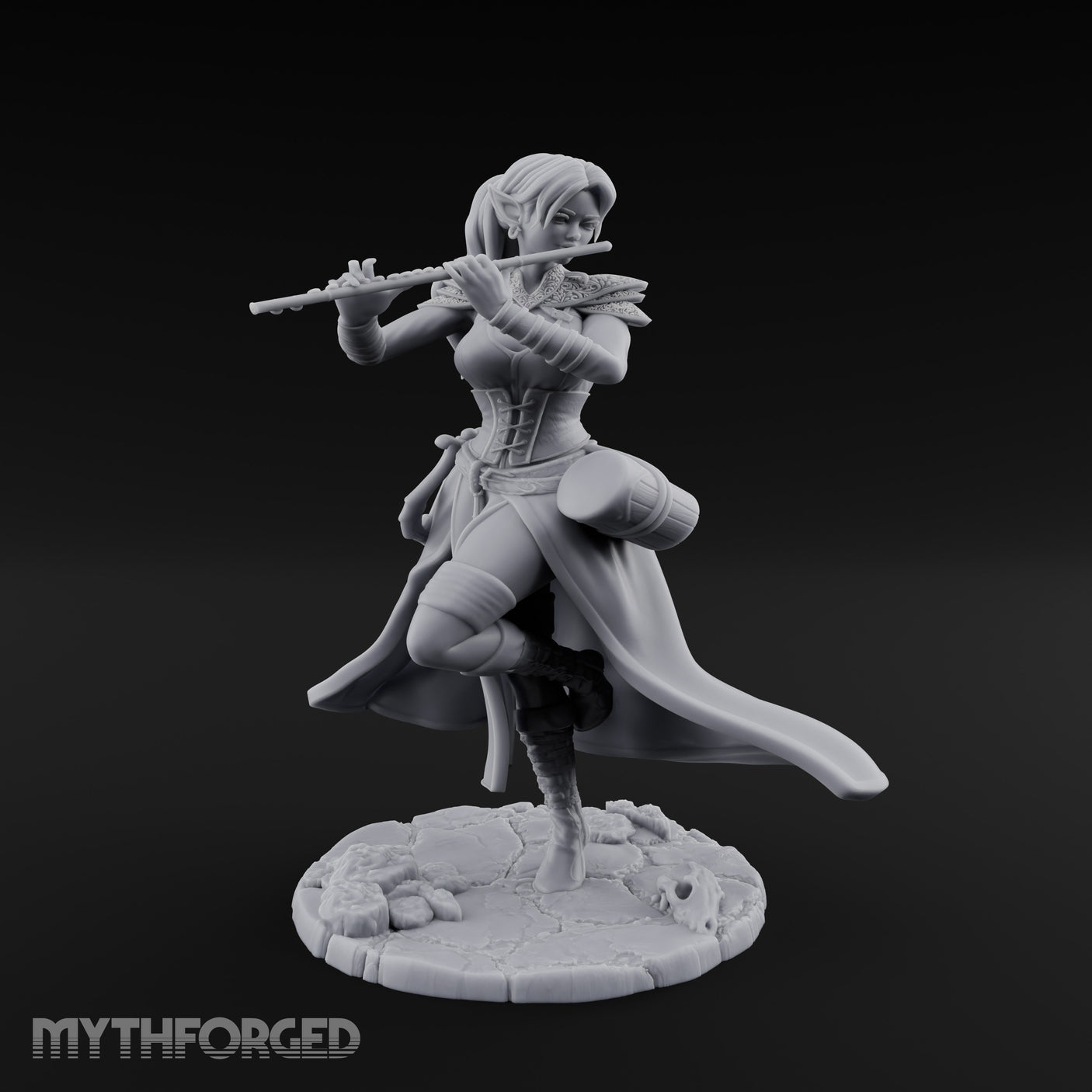 Flute Playing Knee Raised Elf Bard Miniature for Dungeons and Dragons, Pathfinder or other TTRPGs