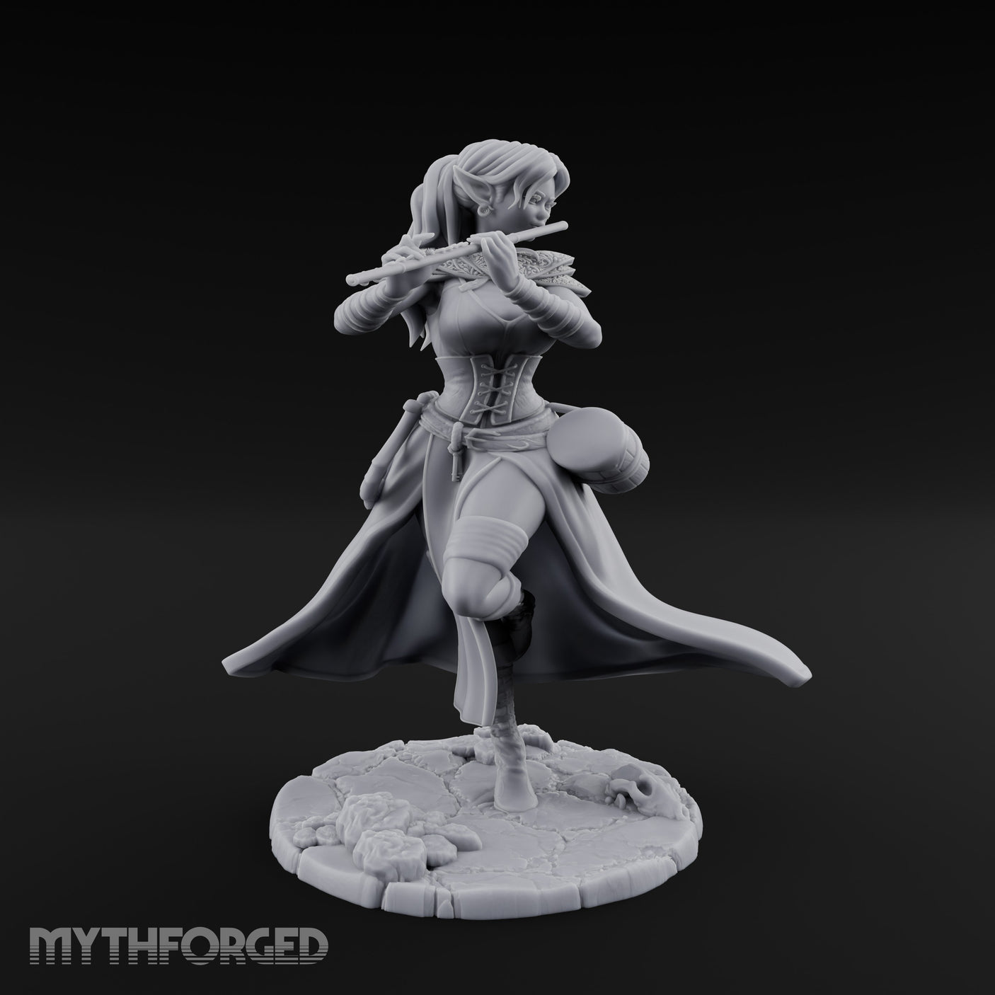 Flute Playing Knee Raised Elf Bard Miniature for Dungeons and Dragons, Pathfinder or other TTRPGs