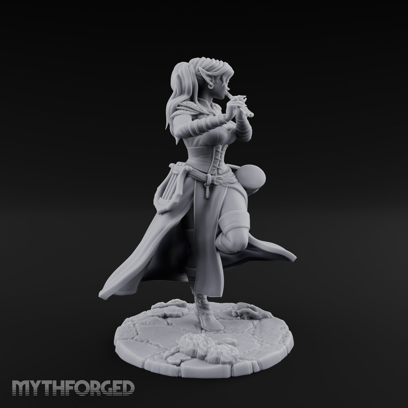 Flute Playing Knee Raised Elf Bard Miniature for Dungeons and Dragons, Pathfinder or other TTRPGs