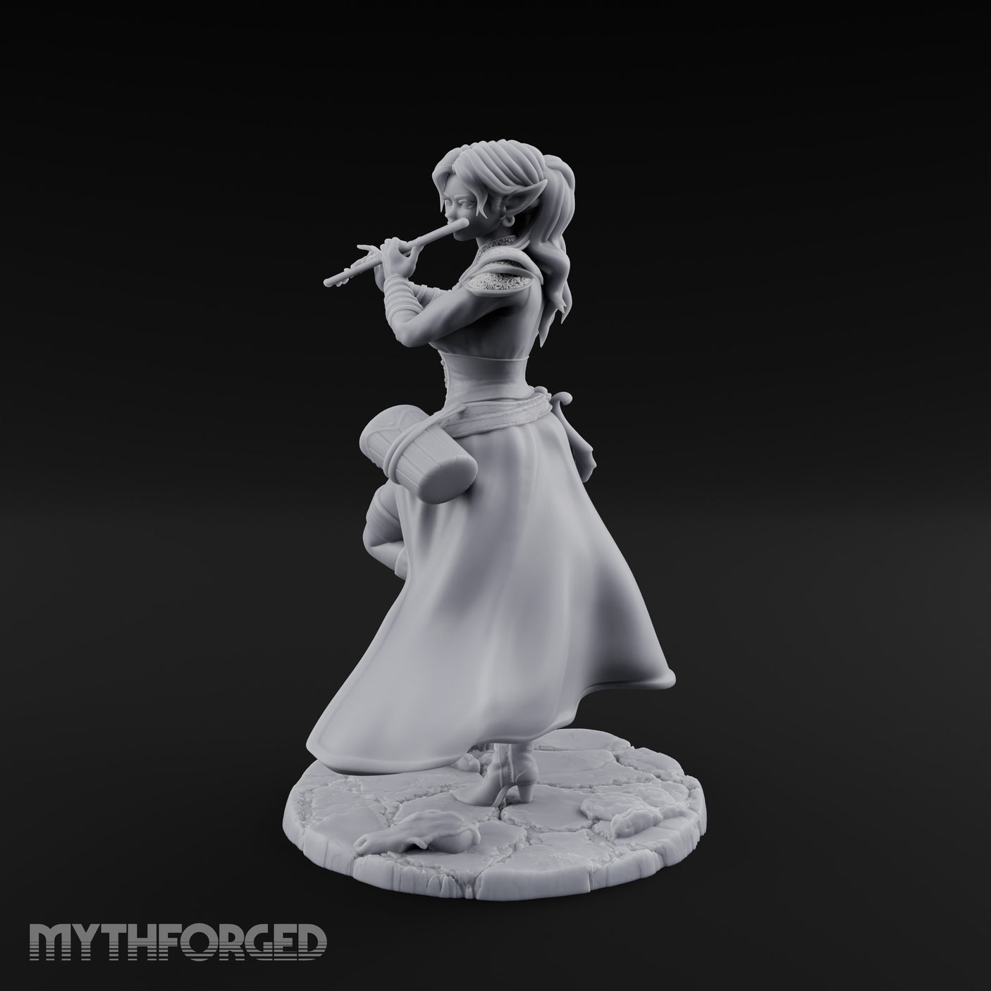Flute Playing Knee Raised Elf Bard Miniature for Dungeons and Dragons, Pathfinder or other TTRPGs