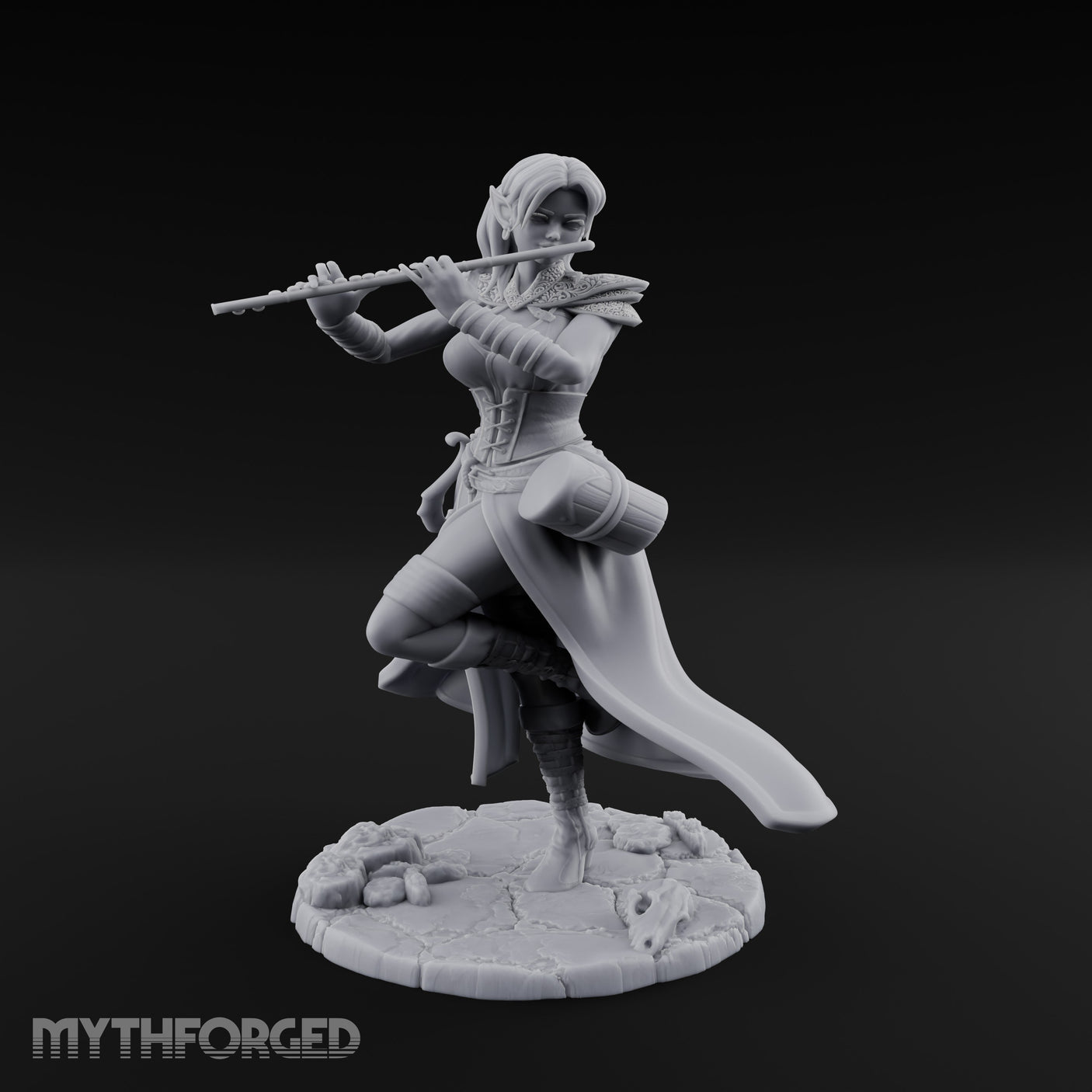 Flute Playing Knee Raised Elf Bard Miniature for Dungeons and Dragons, Pathfinder or other TTRPGs