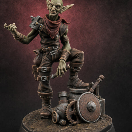 Foot Propped Gear Lounging Goblin Scrap Merchant — painted concept preview (miniature supplied unpainted)