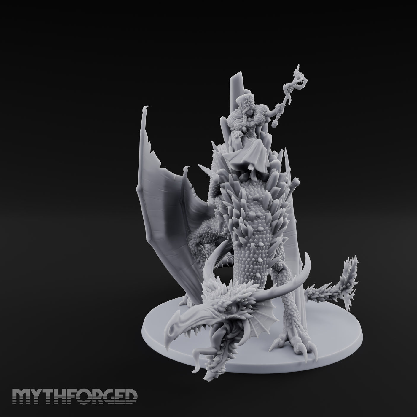 Crystal Throned Frost Queen Dragon Rider Miniature for Dungeons and Dragons, Pathfinder or other TTRPGs