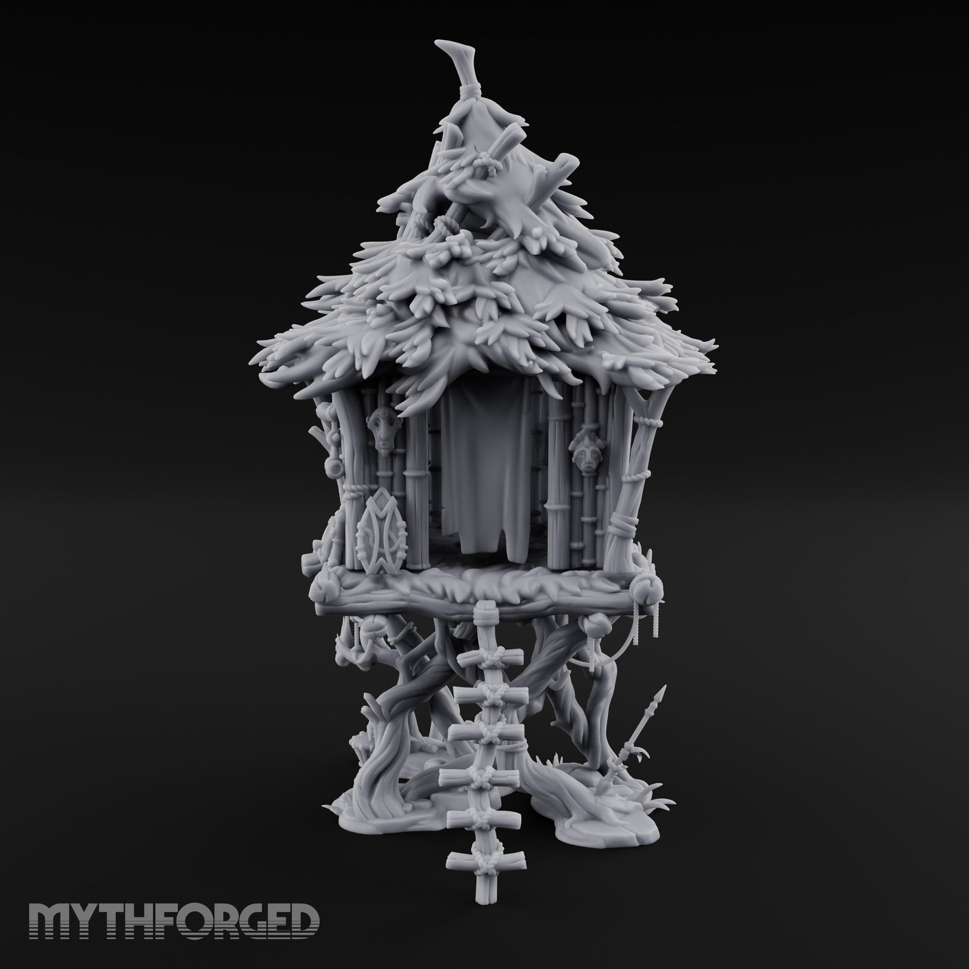 Frond-Thatched Idol-Carved Tribal Treehouse Hut Miniature for Dungeons and Dragons, Pathfinder or other TTRPGs