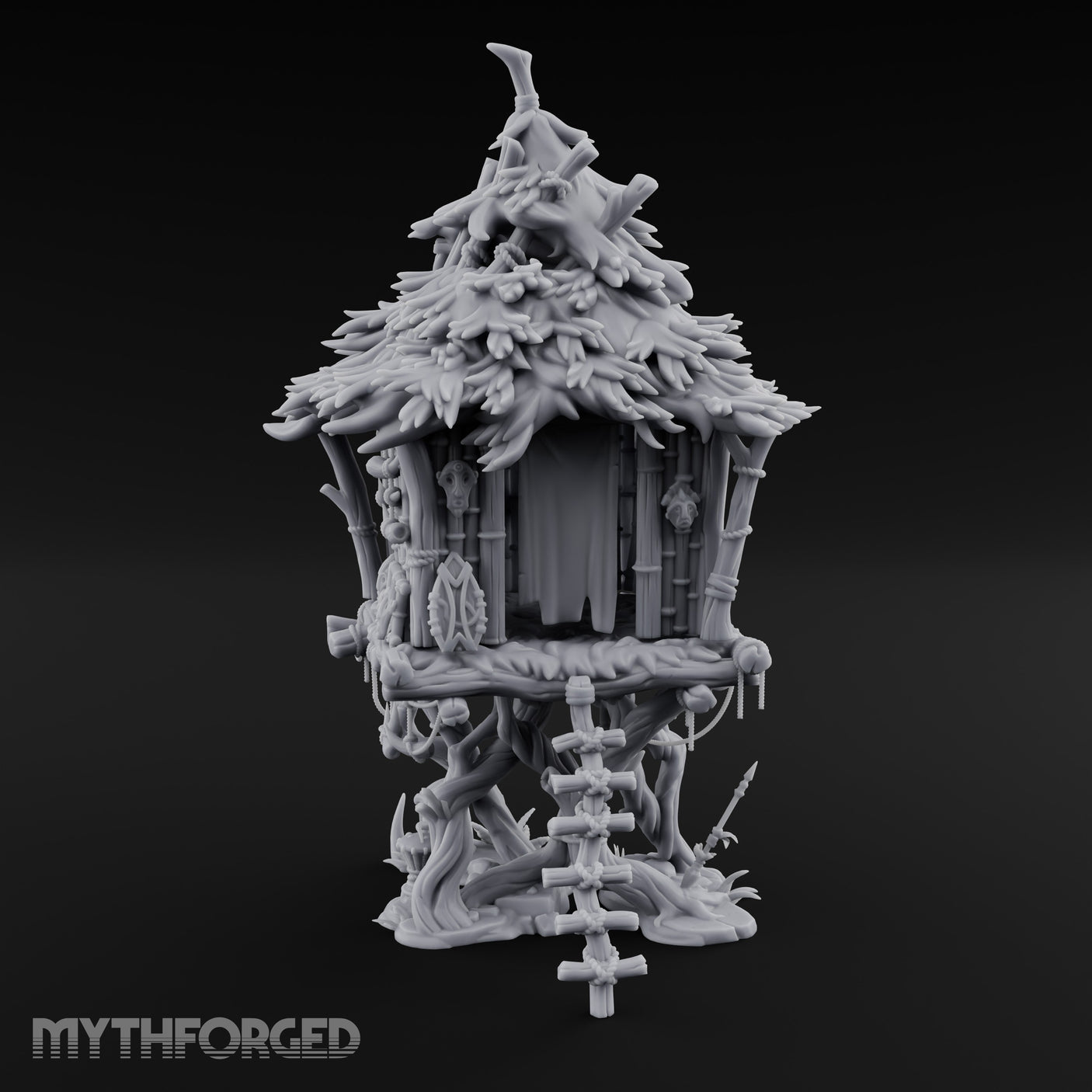Frond-Thatched Idol-Carved Tribal Treehouse Hut Miniature for Dungeons and Dragons, Pathfinder or other TTRPGs
