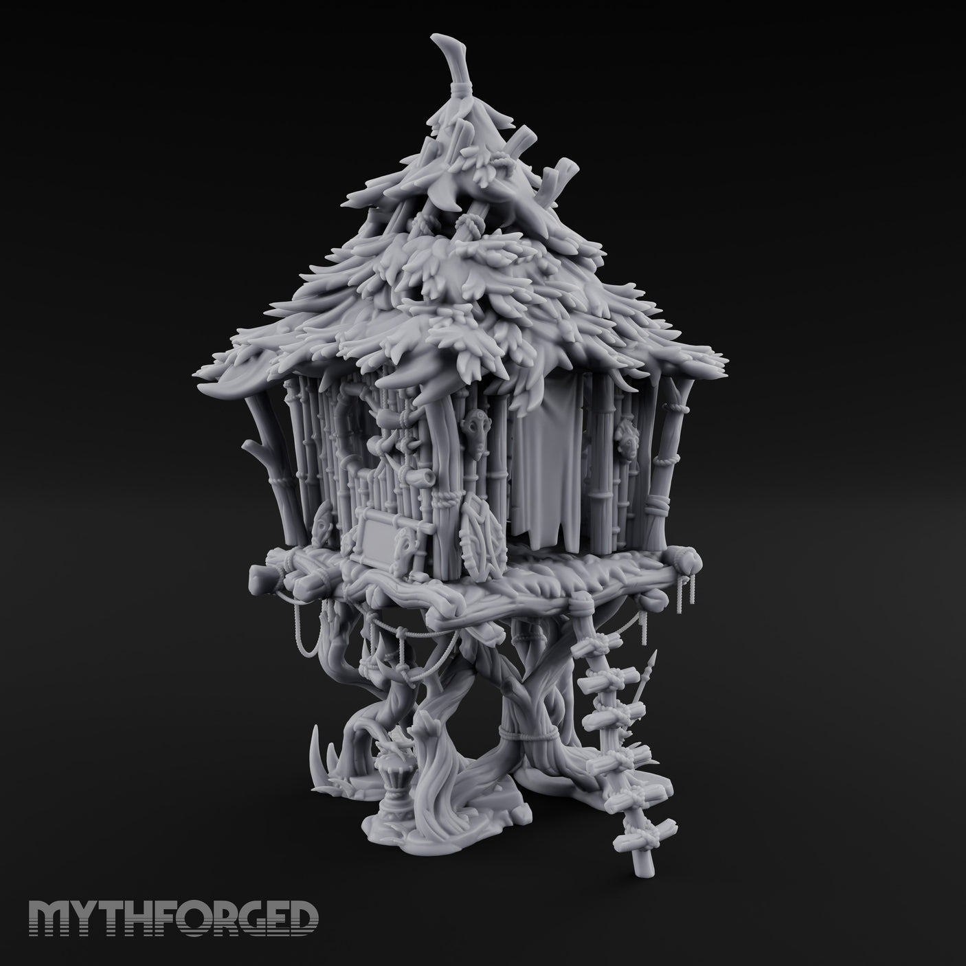 Frond-Thatched Idol-Carved Tribal Treehouse Hut Miniature for Dungeons and Dragons, Pathfinder or other TTRPGs