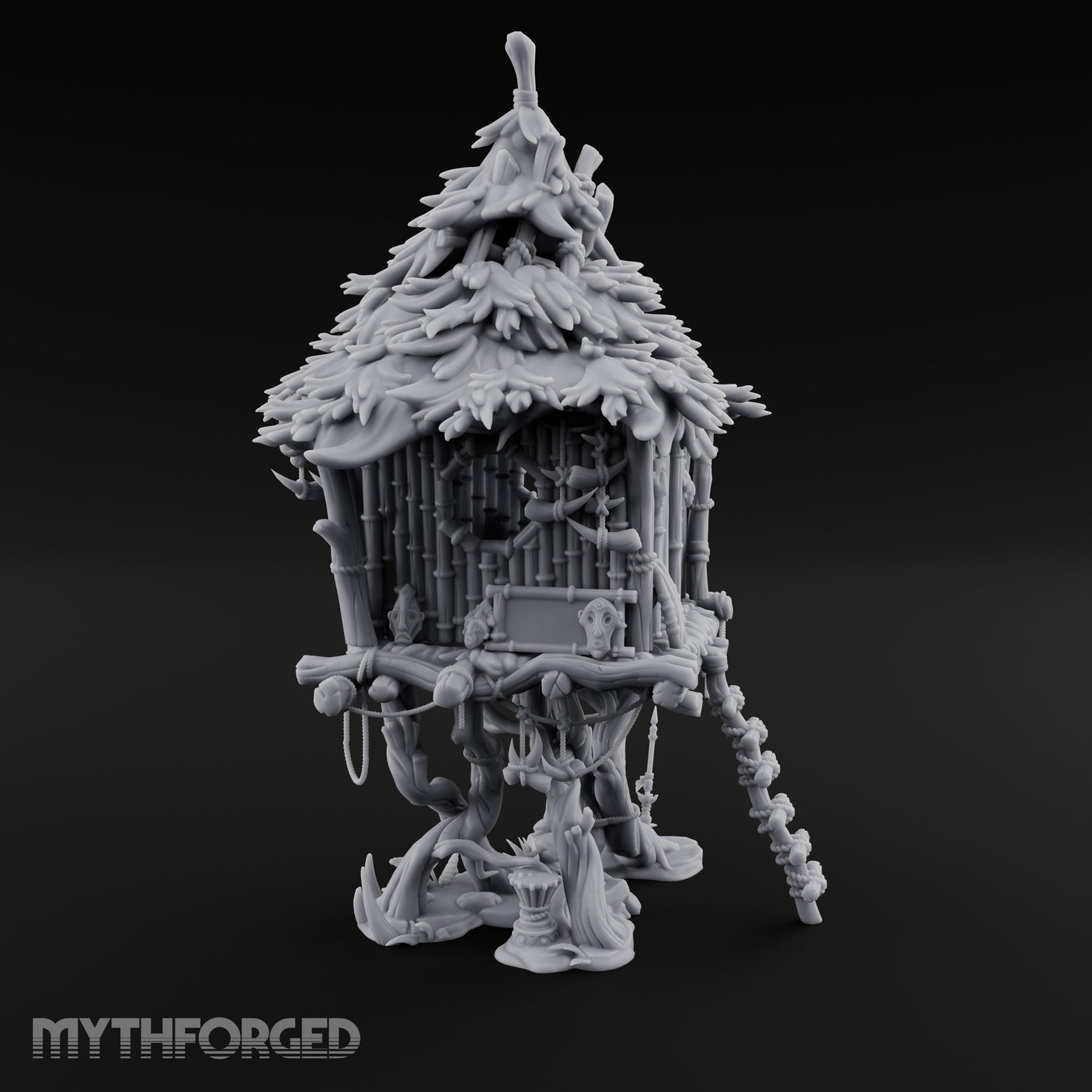 Frond-Thatched Idol-Carved Tribal Treehouse Hut Miniature for Dungeons and Dragons, Pathfinder or other TTRPGs