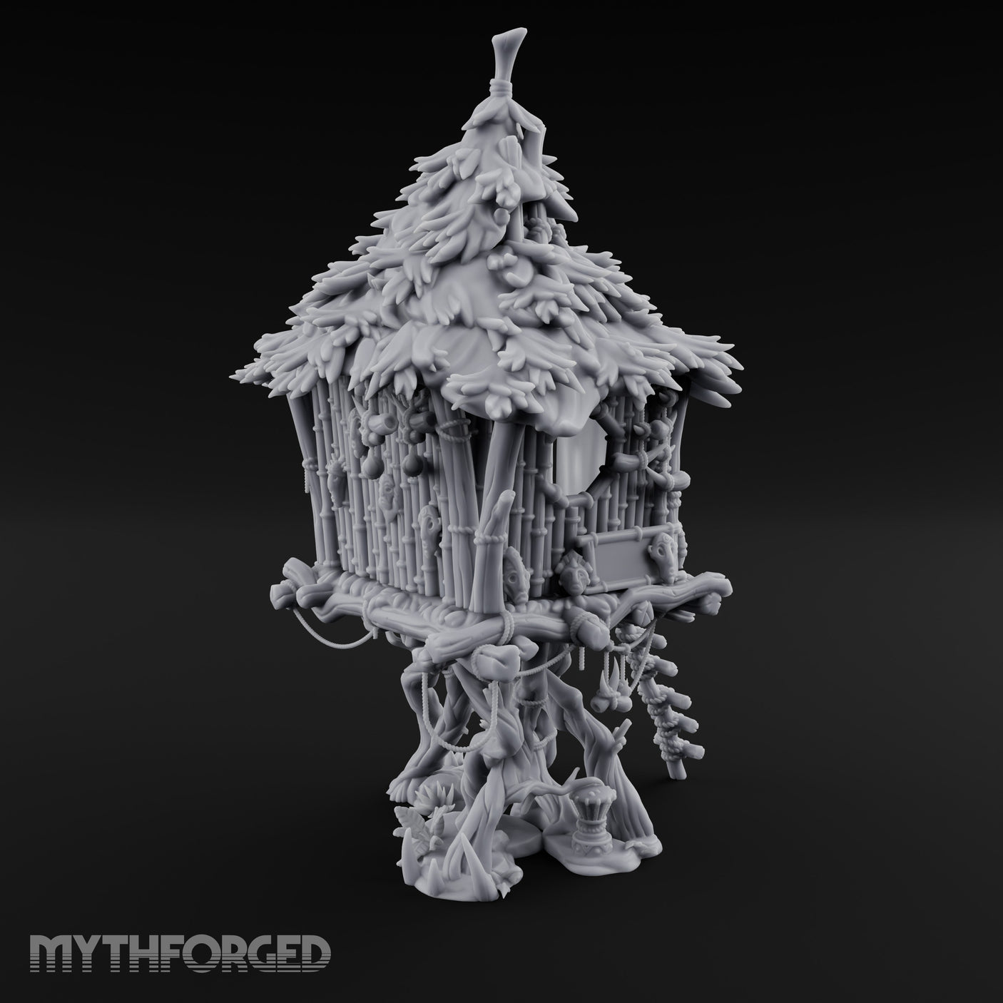 Frond-Thatched Idol-Carved Tribal Treehouse Hut Miniature for Dungeons and Dragons, Pathfinder or other TTRPGs