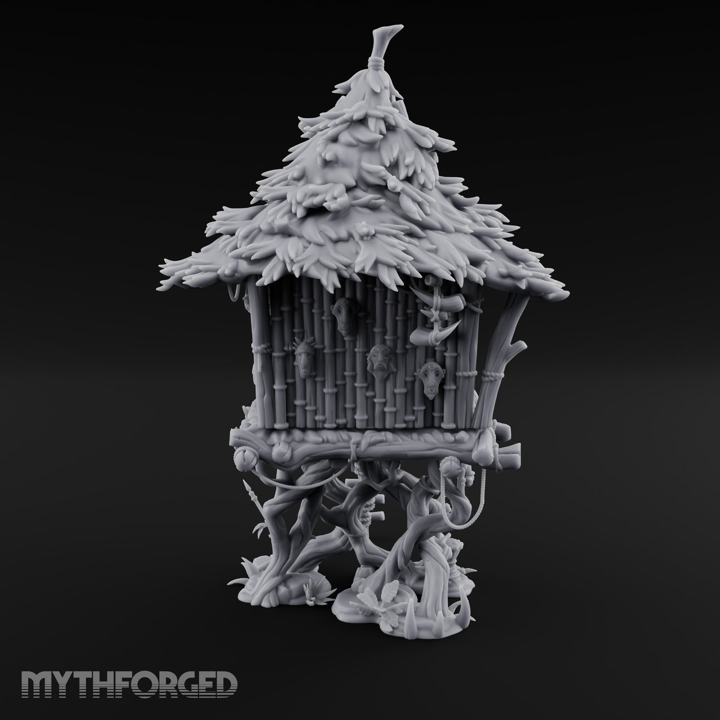 Frond-Thatched Idol-Carved Tribal Treehouse Hut Miniature for Dungeons and Dragons, Pathfinder or other TTRPGs