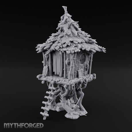 Frond-Thatched Idol-Carved Tribal Treehouse Hut Miniature for Dungeons and Dragons, Pathfinder or other TTRPGs