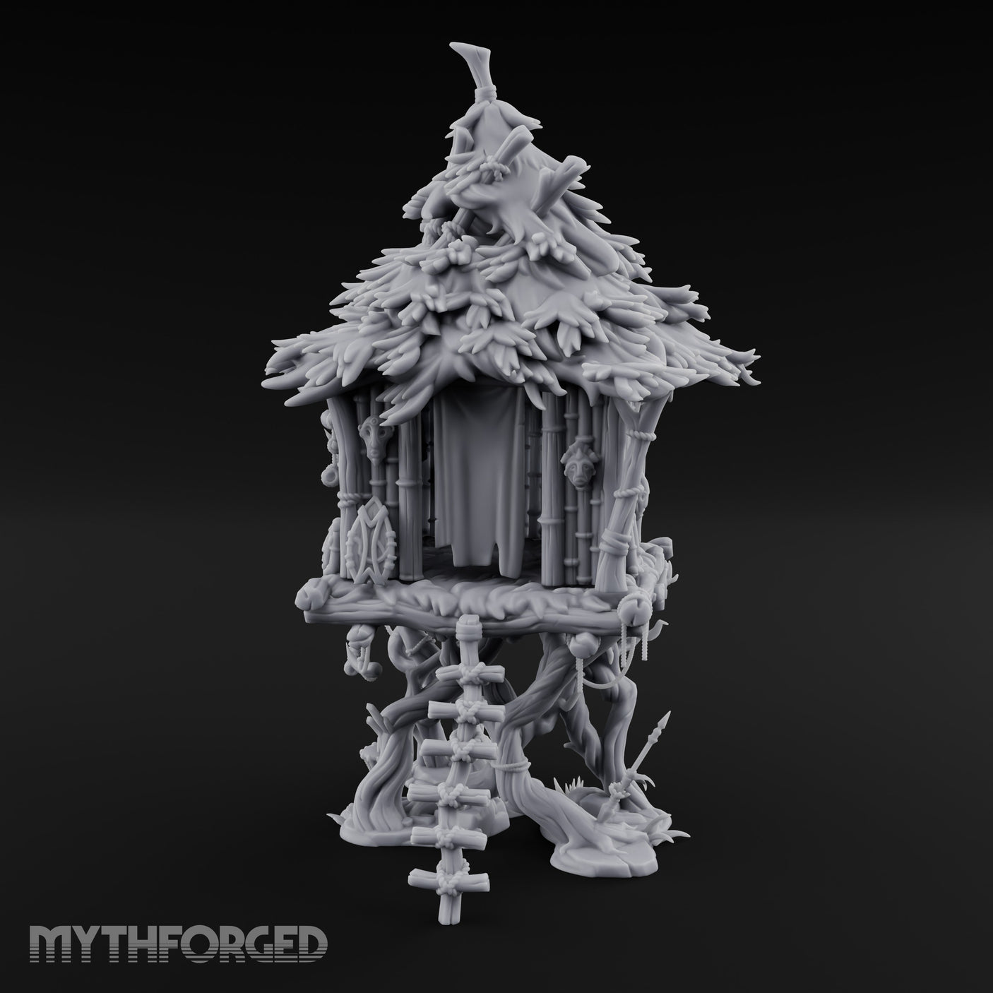 Frond-Thatched Idol-Carved Tribal Treehouse Hut Miniature for Dungeons and Dragons, Pathfinder or other TTRPGs
