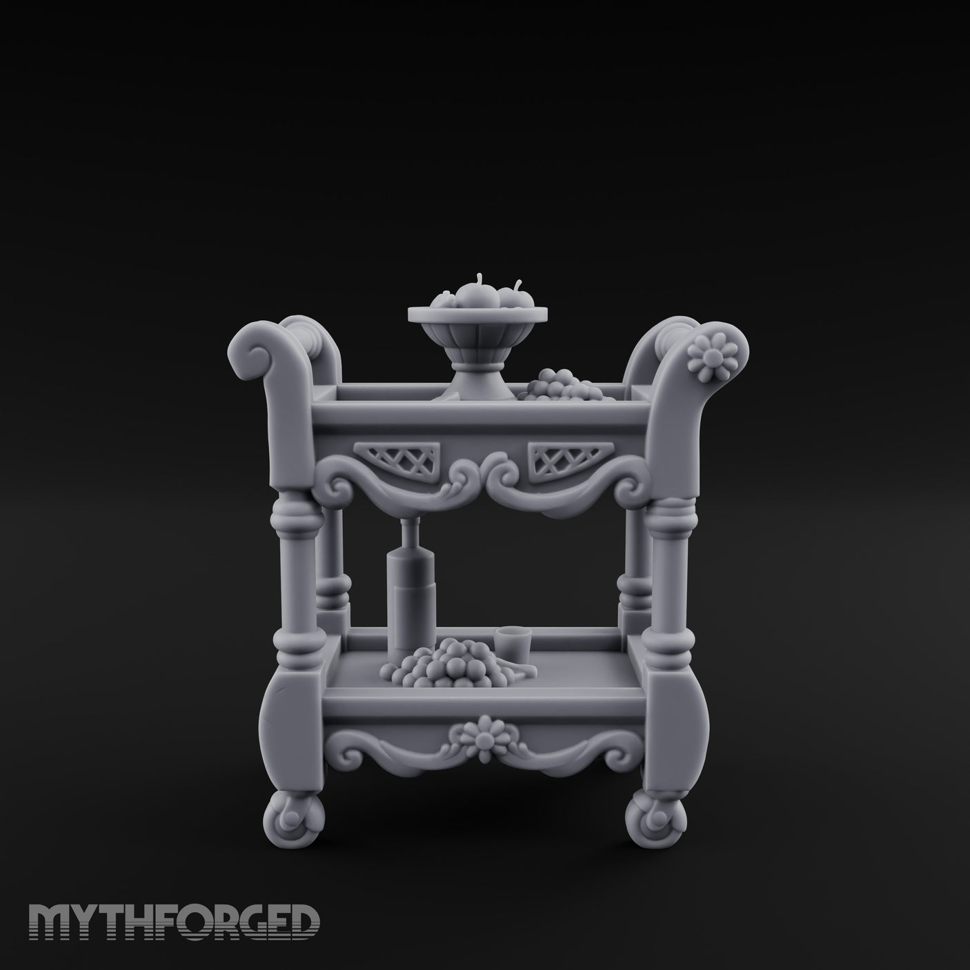 Fruit-Laden Scroll-Handled Noble Service Cart Miniature for Dungeons and Dragons, Pathfinder or other TTRPGs