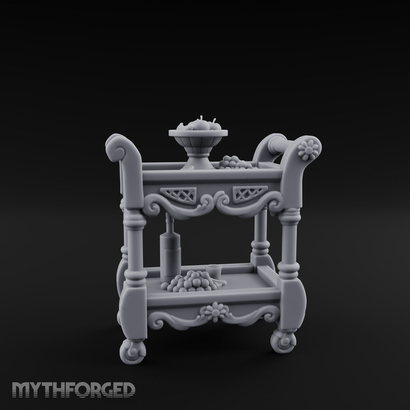 Fruit-Laden Scroll-Handled Noble Service Cart Miniature for Dungeons and Dragons, Pathfinder or other TTRPGs