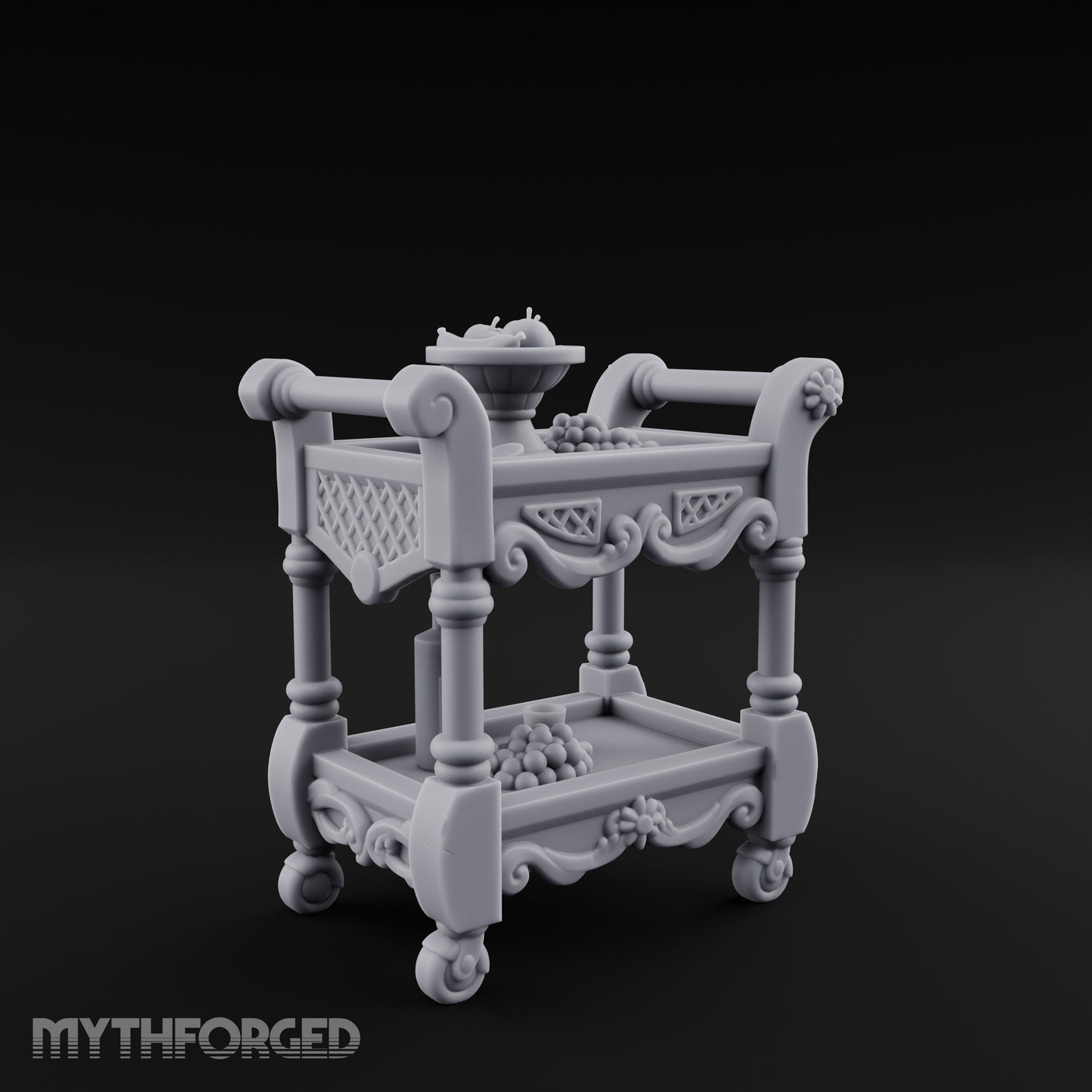 Fruit-Laden Scroll-Handled Noble Service Cart Miniature for Dungeons and Dragons, Pathfinder or other TTRPGs