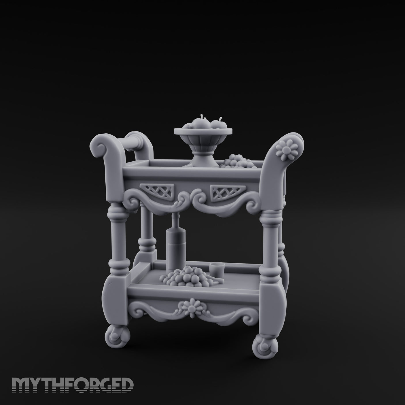 Fruit-Laden Scroll-Handled Noble Service Cart Miniature for Dungeons and Dragons, Pathfinder or other TTRPGs
