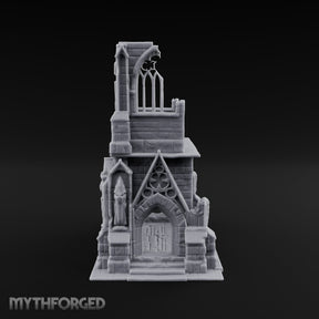 Gargoyle-Flanked Tracery-Windowed Gothic Cathedral Ruins Miniature for Dungeons and Dragons, Pathfinder or other TTRPGs