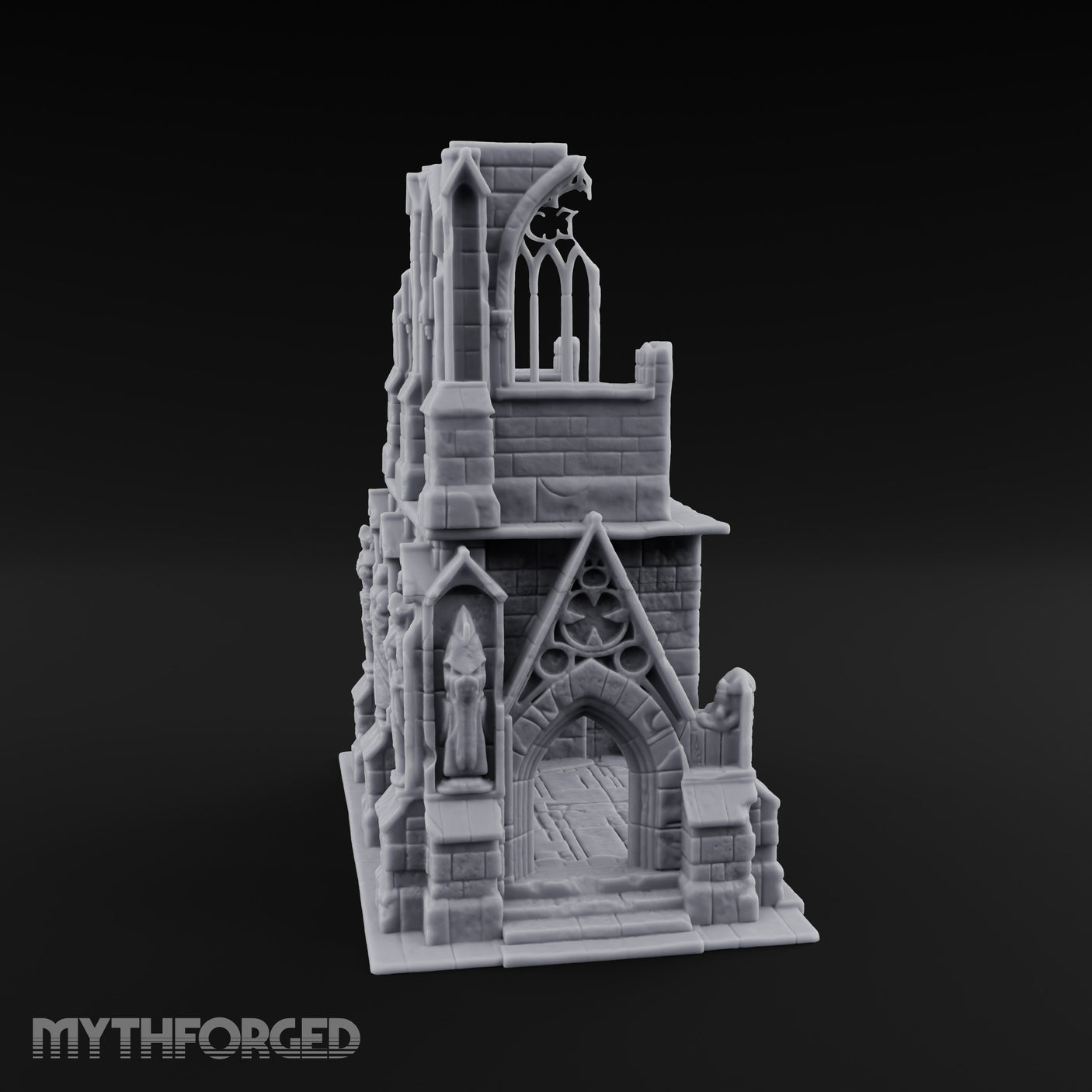 Gargoyle-Flanked Tracery-Windowed Gothic Cathedral Ruins Miniature for Dungeons and Dragons, Pathfinder or other TTRPGs