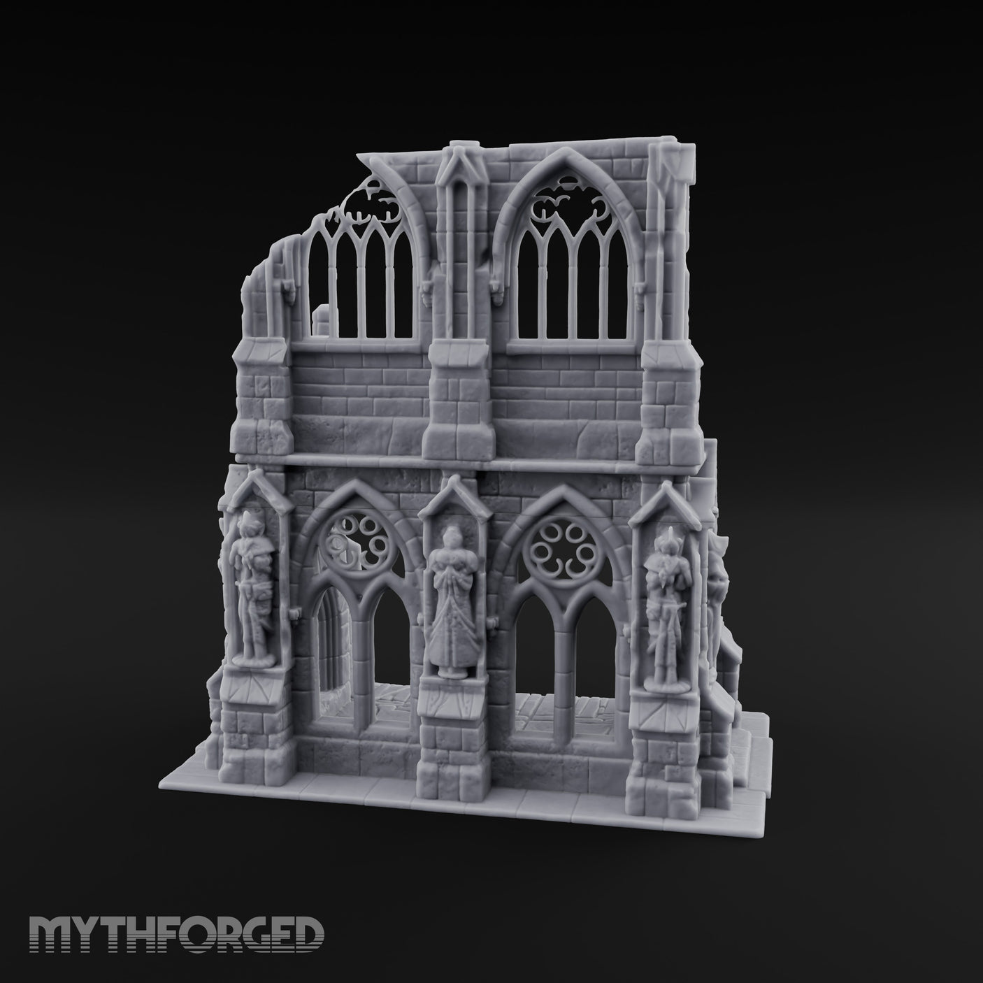 Gargoyle-Flanked Tracery-Windowed Gothic Cathedral Ruins Miniature for Dungeons and Dragons, Pathfinder or other TTRPGs