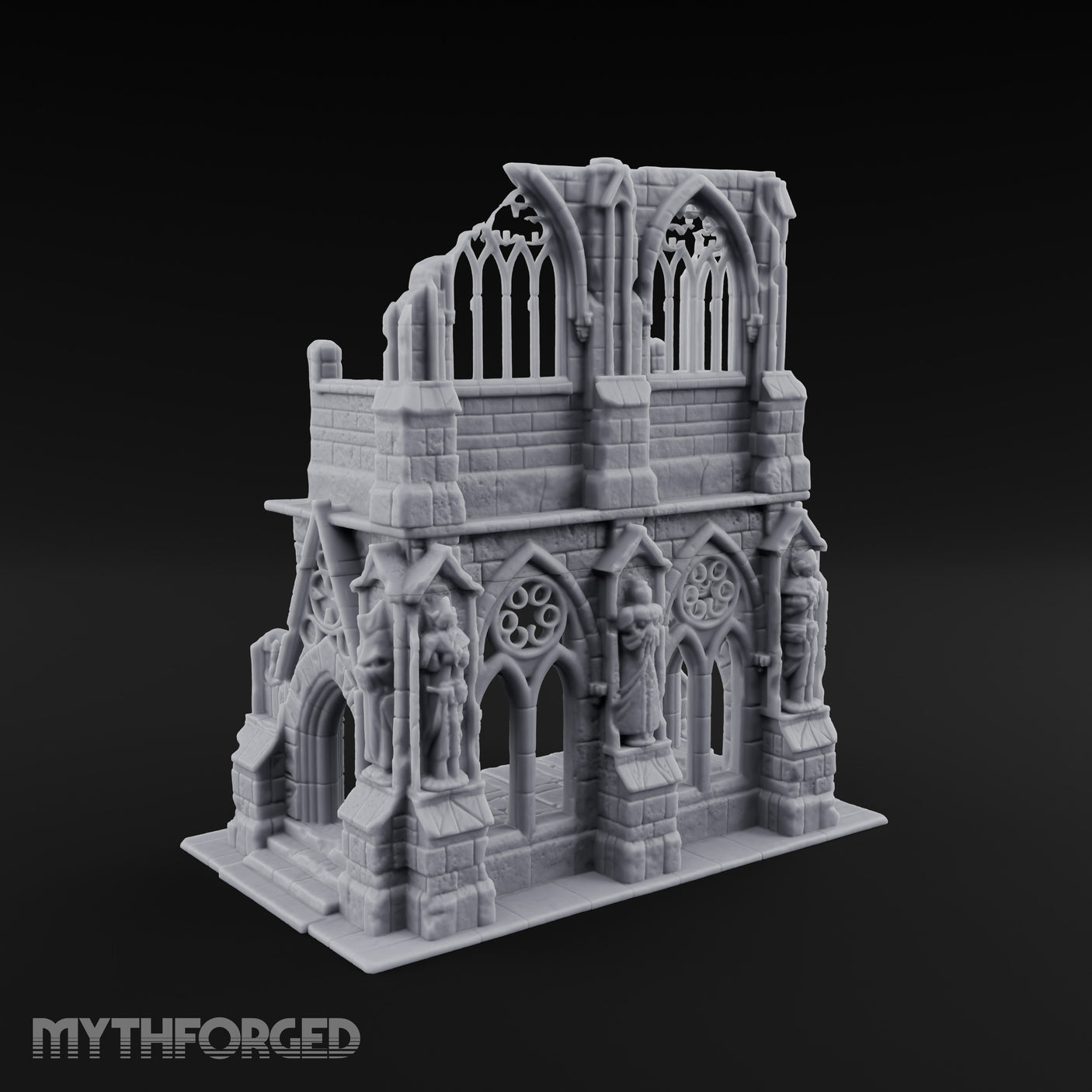 Gargoyle-Flanked Tracery-Windowed Gothic Cathedral Ruins Miniature for Dungeons and Dragons, Pathfinder or other TTRPGs