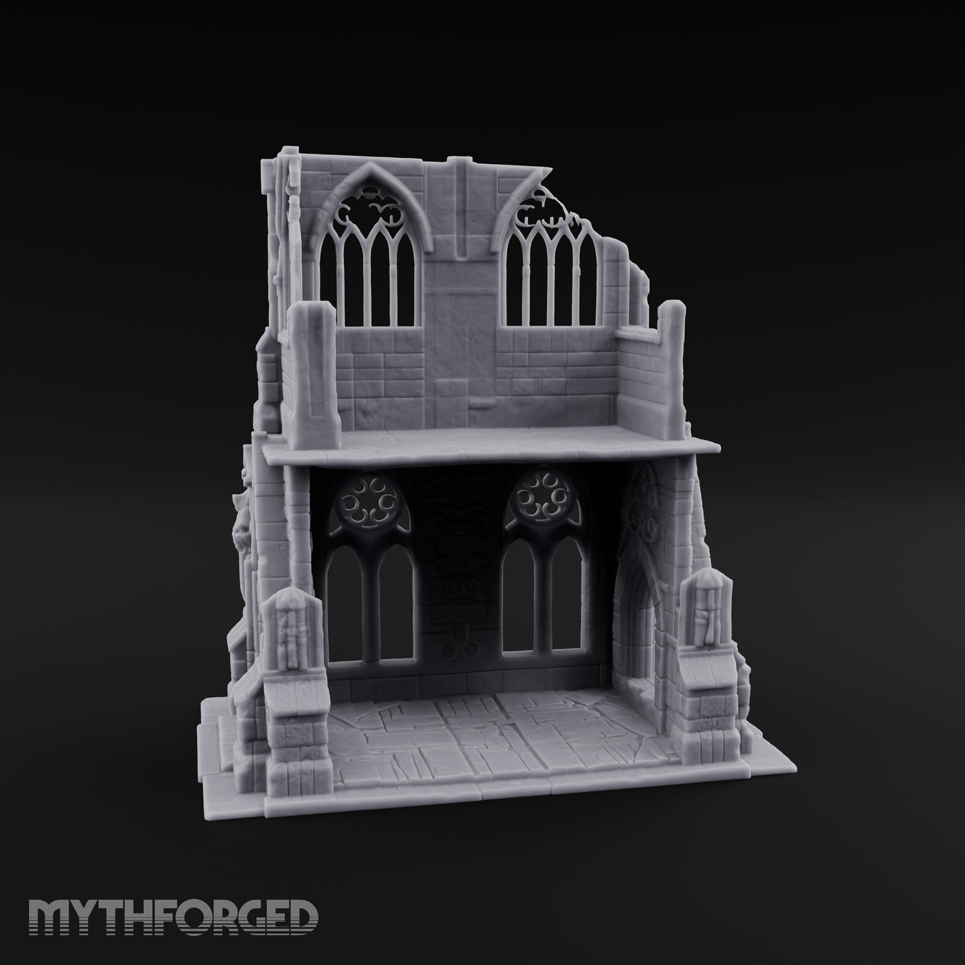 Gargoyle-Flanked Tracery-Windowed Gothic Cathedral Ruins Miniature for Dungeons and Dragons, Pathfinder or other TTRPGs
