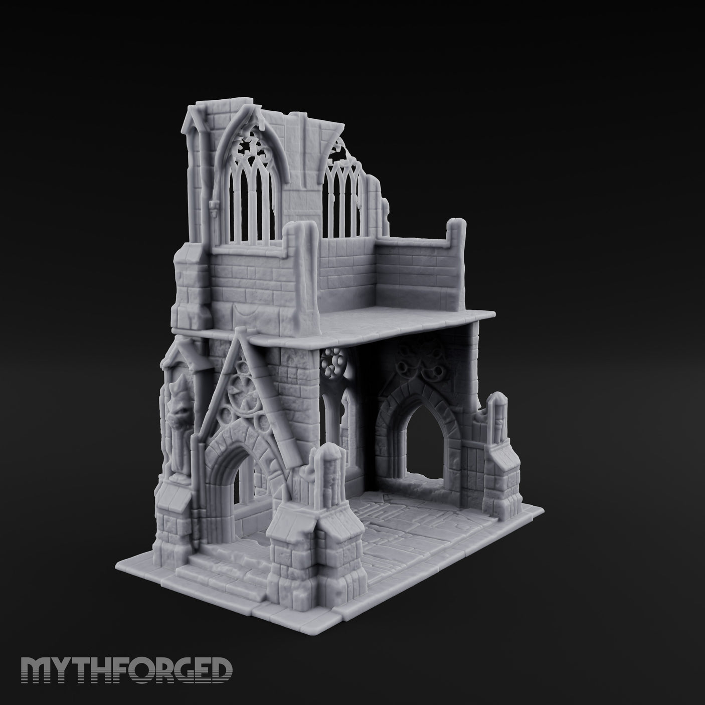 Gargoyle-Flanked Tracery-Windowed Gothic Cathedral Ruins Miniature for Dungeons and Dragons, Pathfinder or other TTRPGs