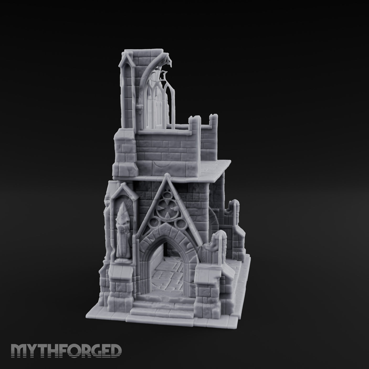 Gargoyle-Flanked Tracery-Windowed Gothic Cathedral Ruins Miniature for Dungeons and Dragons, Pathfinder or other TTRPGs