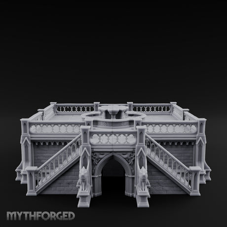Gargoyle-Guarded Balustrade-Wrapped Gothic Fountain Plaza Miniature for Dungeons and Dragons, Pathfinder or other TTRPGs