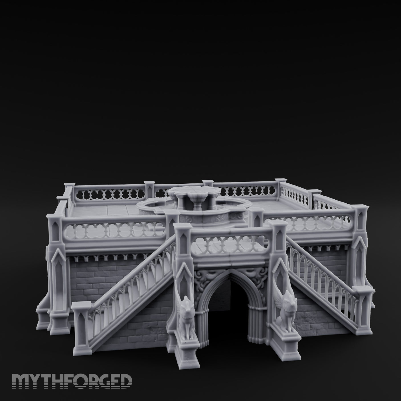 Gargoyle-Guarded Balustrade-Wrapped Gothic Fountain Plaza Miniature for Dungeons and Dragons, Pathfinder or other TTRPGs