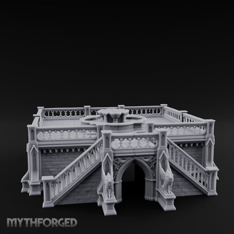 Gargoyle-Guarded Balustrade-Wrapped Gothic Fountain Plaza Miniature for Dungeons and Dragons, Pathfinder or other TTRPGs