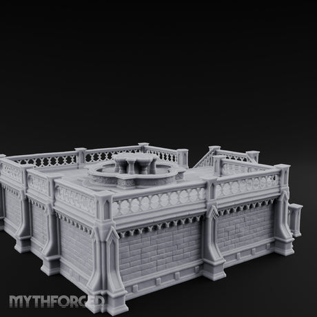 Gargoyle-Guarded Balustrade-Wrapped Gothic Fountain Plaza Miniature for Dungeons and Dragons, Pathfinder or other TTRPGs