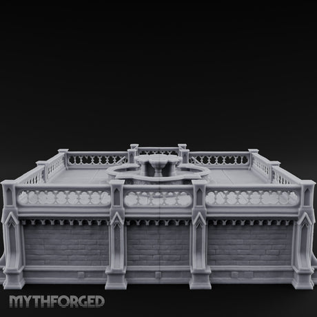 Gargoyle-Guarded Balustrade-Wrapped Gothic Fountain Plaza Miniature for Dungeons and Dragons, Pathfinder or other TTRPGs