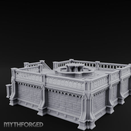 Gargoyle-Guarded Balustrade-Wrapped Gothic Fountain Plaza Miniature for Dungeons and Dragons, Pathfinder or other TTRPGs