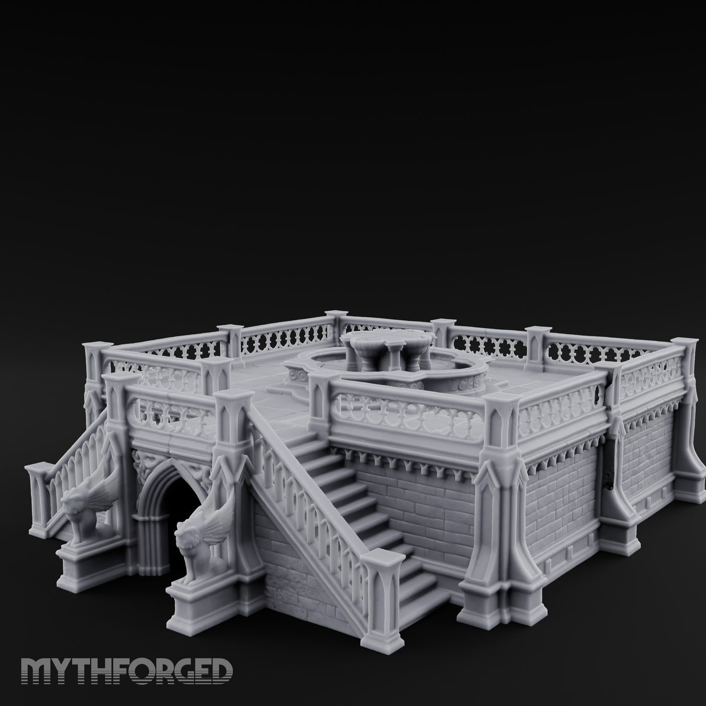 Gargoyle-Guarded Balustrade-Wrapped Gothic Fountain Plaza Miniature for Dungeons and Dragons, Pathfinder or other TTRPGs