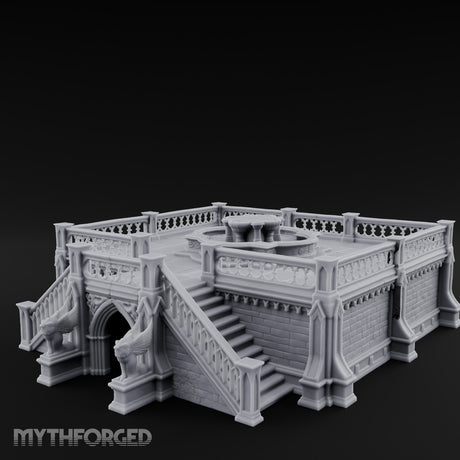 Gargoyle-Guarded Balustrade-Wrapped Gothic Fountain Plaza Miniature for Dungeons and Dragons, Pathfinder or other TTRPGs