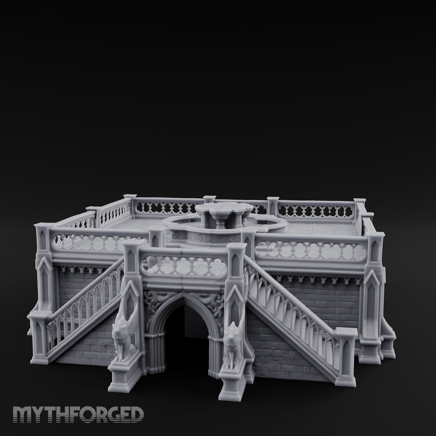 Gargoyle-Guarded Balustrade-Wrapped Gothic Fountain Plaza Miniature for Dungeons and Dragons, Pathfinder or other TTRPGs