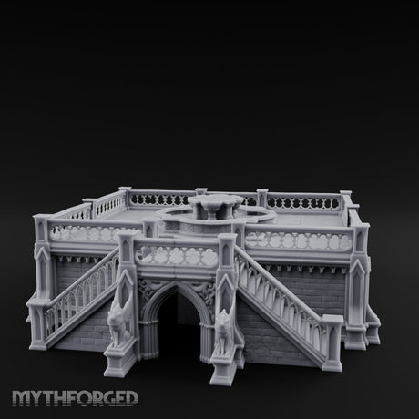 Gargoyle-Guarded Balustrade-Wrapped Gothic Fountain Plaza Miniature for Dungeons and Dragons, Pathfinder or other TTRPGs
