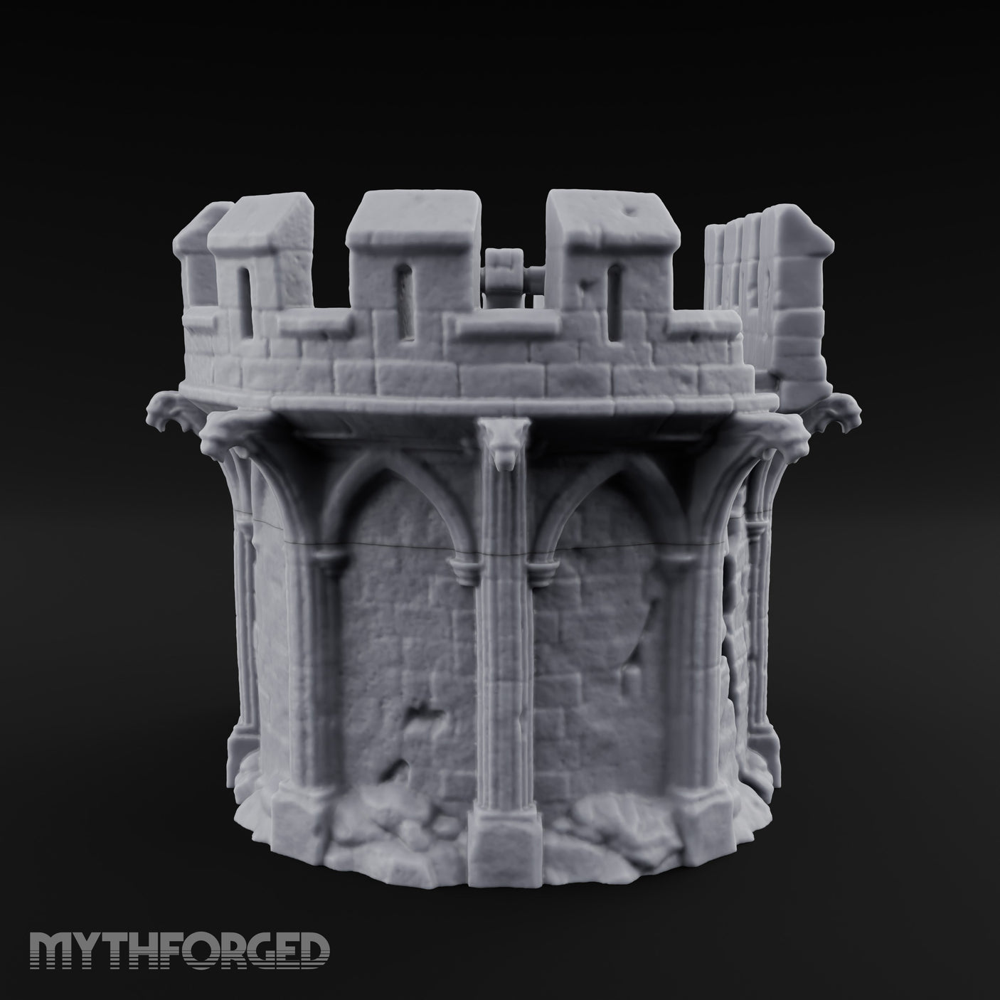 Gargoyle-Perched Battlement-Crowned Gothic Round Tower Ruins Miniature for Dungeons and Dragons, Pathfinder or other TTRPGs