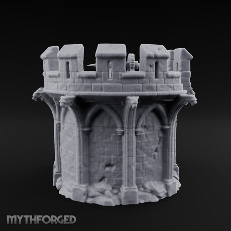 Gargoyle-Perched Battlement-Crowned Gothic Round Tower Ruins Miniature for Dungeons and Dragons, Pathfinder or other TTRPGs