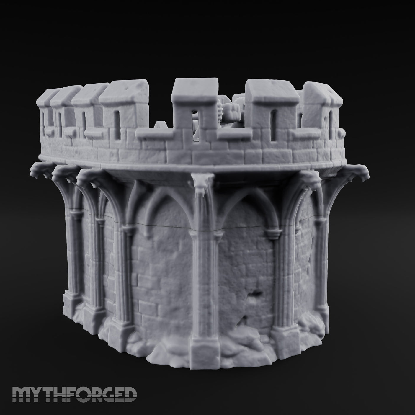 Gargoyle-Perched Battlement-Crowned Gothic Round Tower Ruins Miniature for Dungeons and Dragons, Pathfinder or other TTRPGs