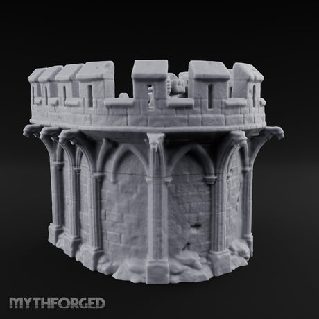 Gargoyle-Perched Battlement-Crowned Gothic Round Tower Ruins Miniature for Dungeons and Dragons, Pathfinder or other TTRPGs