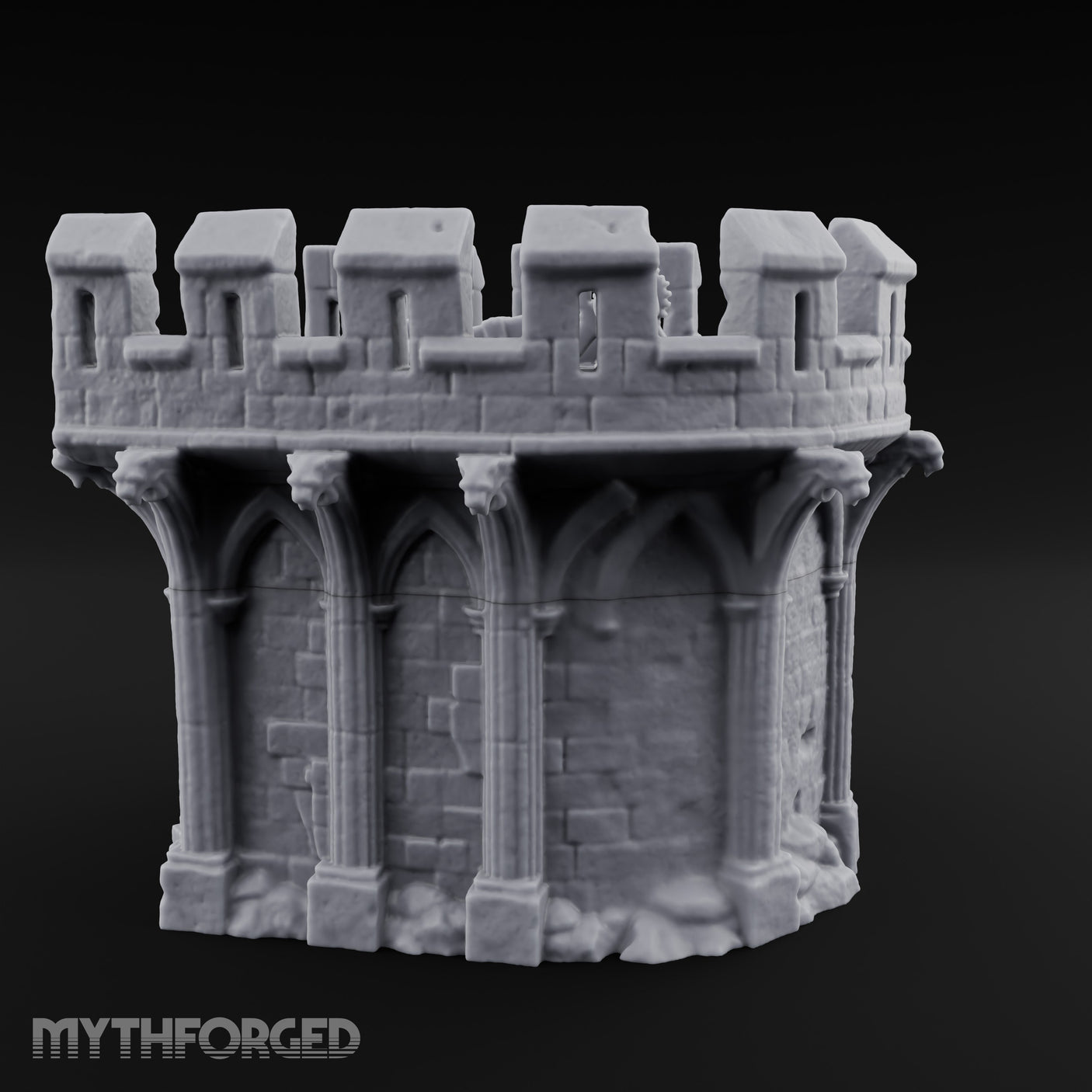 Gargoyle-Perched Battlement-Crowned Gothic Round Tower Ruins Miniature for Dungeons and Dragons, Pathfinder or other TTRPGs