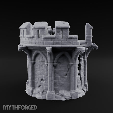 Gargoyle-Perched Battlement-Crowned Gothic Round Tower Ruins Miniature for Dungeons and Dragons, Pathfinder or other TTRPGs