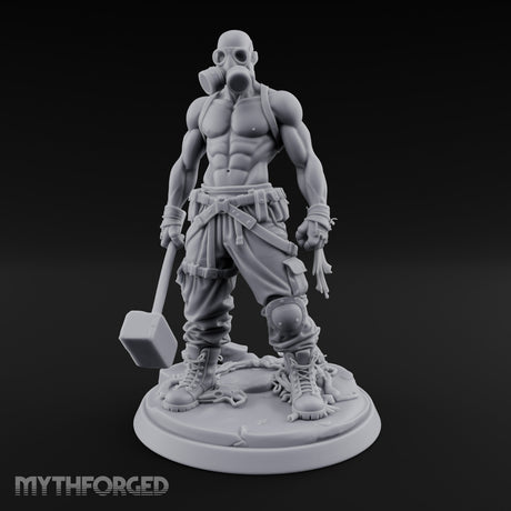 Gas Masked Hammer Dragging Human Brute Miniature for Dungeons and Dragons, Pathfinder or other TTRPGs
