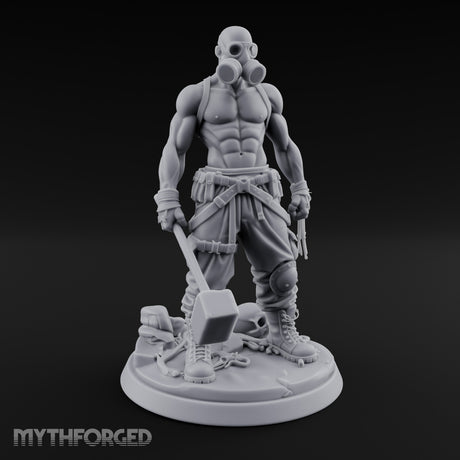 Gas Masked Hammer Dragging Human Brute Miniature for Dungeons and Dragons, Pathfinder or other TTRPGs