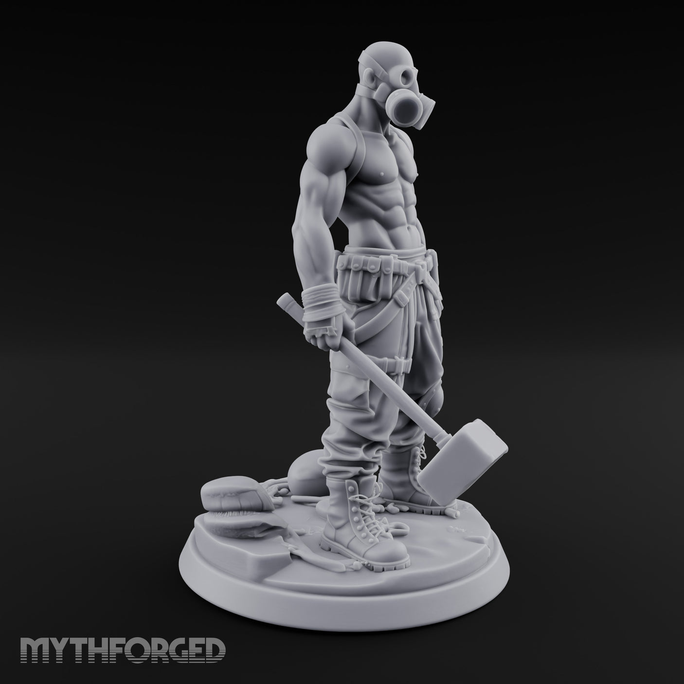 Gas Masked Hammer Dragging Human Brute Miniature for Dungeons and Dragons, Pathfinder or other TTRPGs